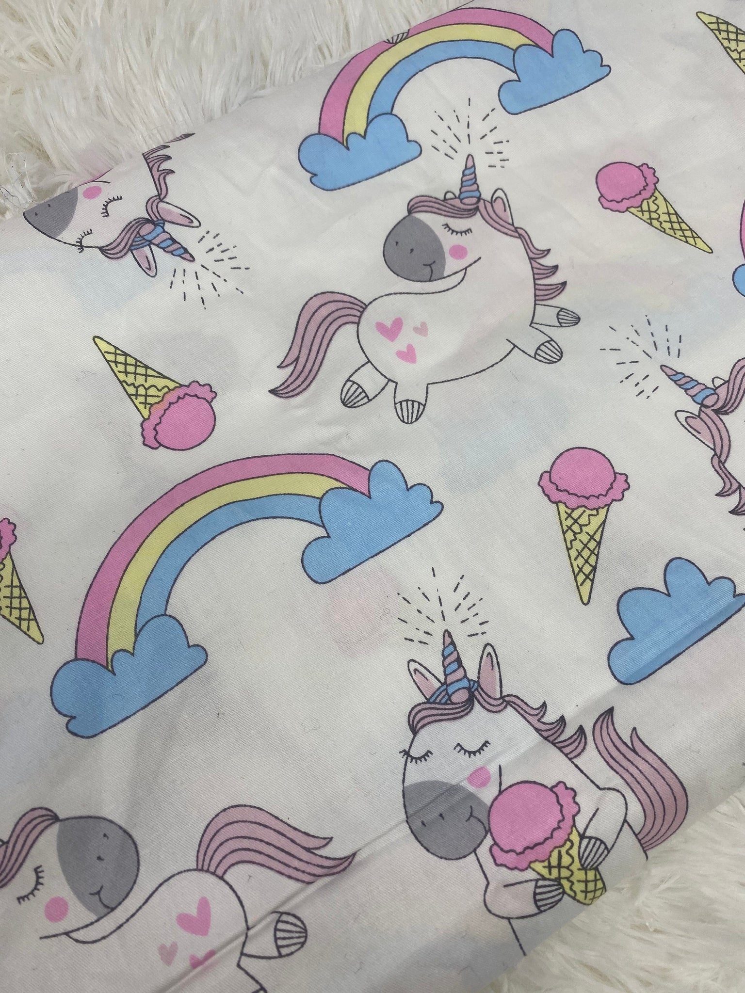 NEW, "Unicorn Ice Cream Dreams", 100%Ribbed Cotton Fabric, Boutique Fabric, Custom Made Kids Fabric for Masks,Accessories, Bedding Etc, 1 Yd