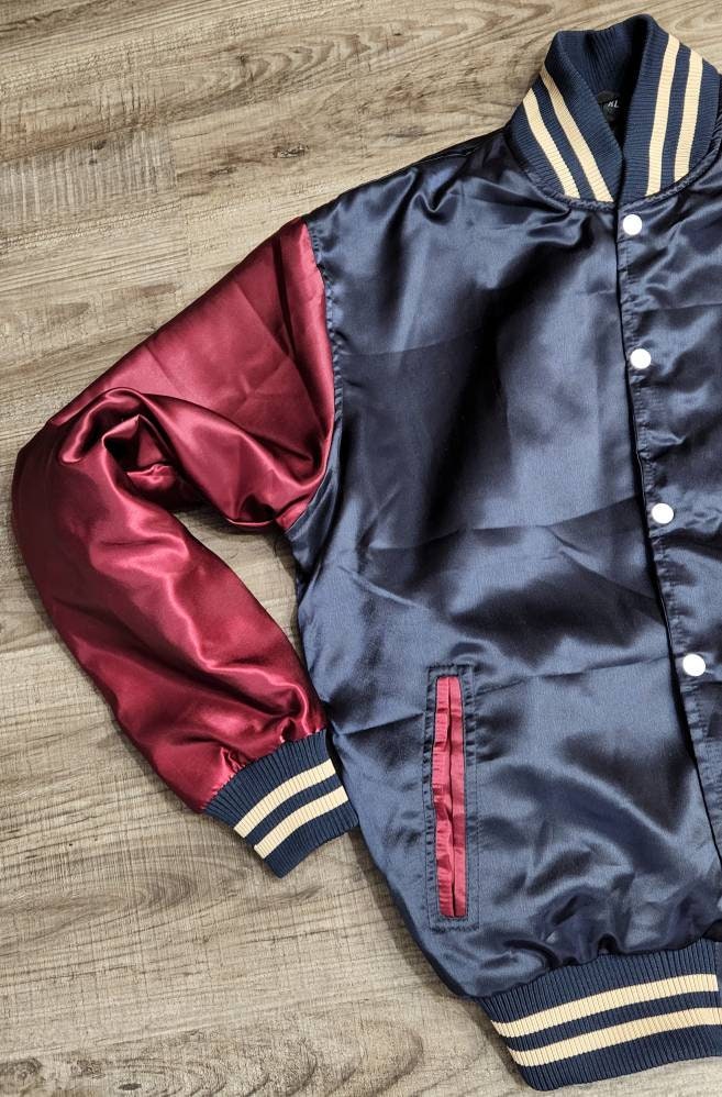 Limited Edition: Satin Navy Blue|Burgundy|Beige Varsity Jacket with Ribbed Cuffs, Interior Zipper, Fashionable Jacket, Starter Sports Jacket