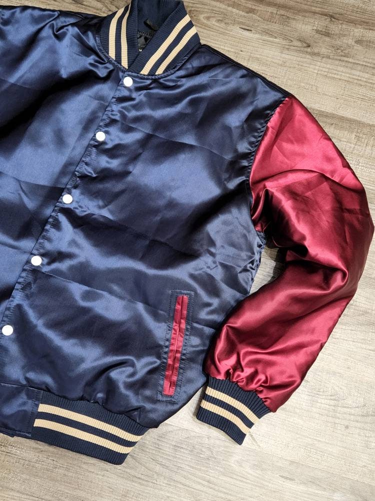 Limited Edition: Satin Navy Blue|Burgundy|Beige Varsity Jacket with Ribbed Cuffs, Interior Zipper, Fashionable Jacket, Starter Sports Jacket