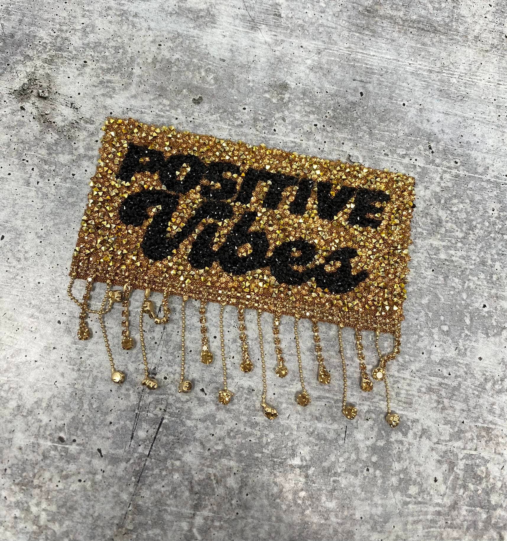 New, Gold "POSITIVE VIBES" Blinged Out, Dripping Rhinestone Patch w/ Adhesive, Bling Applique, Size 4" Czech Rhinestones, DIY Applique