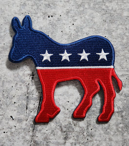 (1-pc) Red Political Party, "Democratic Donkey" Embroidered Iron-on Patch, Size 3.5"