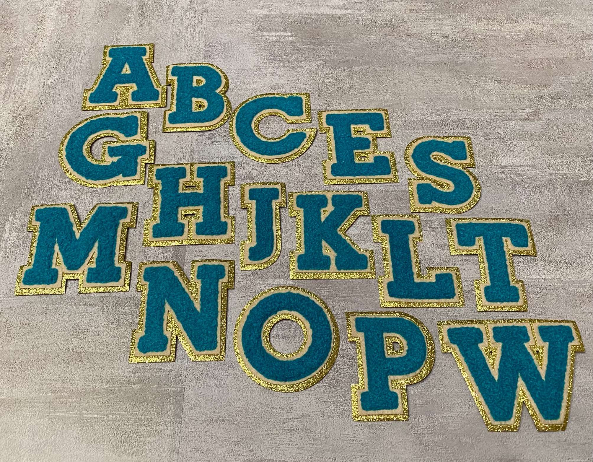 Patch Party Club, (1-pc) Teal & Cream w/ GOLD Glitter Chenille iron-on letters, Size 2.75” OVERSTOCK not all letters available, 10 pcs minimum purchase, For Hats, DIY Crafts, Jackets, Junk Socks, and More (Copy)