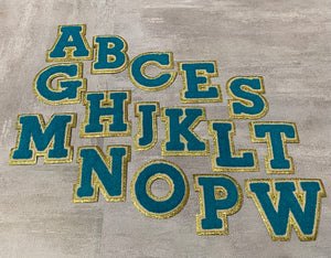 Patch Party Club, (1-pc) Teal & Cream w/ GOLD Glitter Chenille iron-on letters, Size 2.75” OVERSTOCK not all letters available, 10 pcs minimum purchase, For Hats, DIY Crafts, Jackets, Junk Socks, and More (Copy)