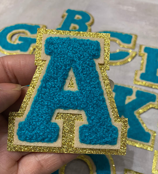 Patch Party Club, (1-pc) Teal & Cream w/ GOLD Glitter Chenille iron-on letters, Size 2.75” OVERSTOCK not all letters available, 10 pcs minimum purchase, For Hats, DIY Crafts, Jackets, Junk Socks, and More (Copy)