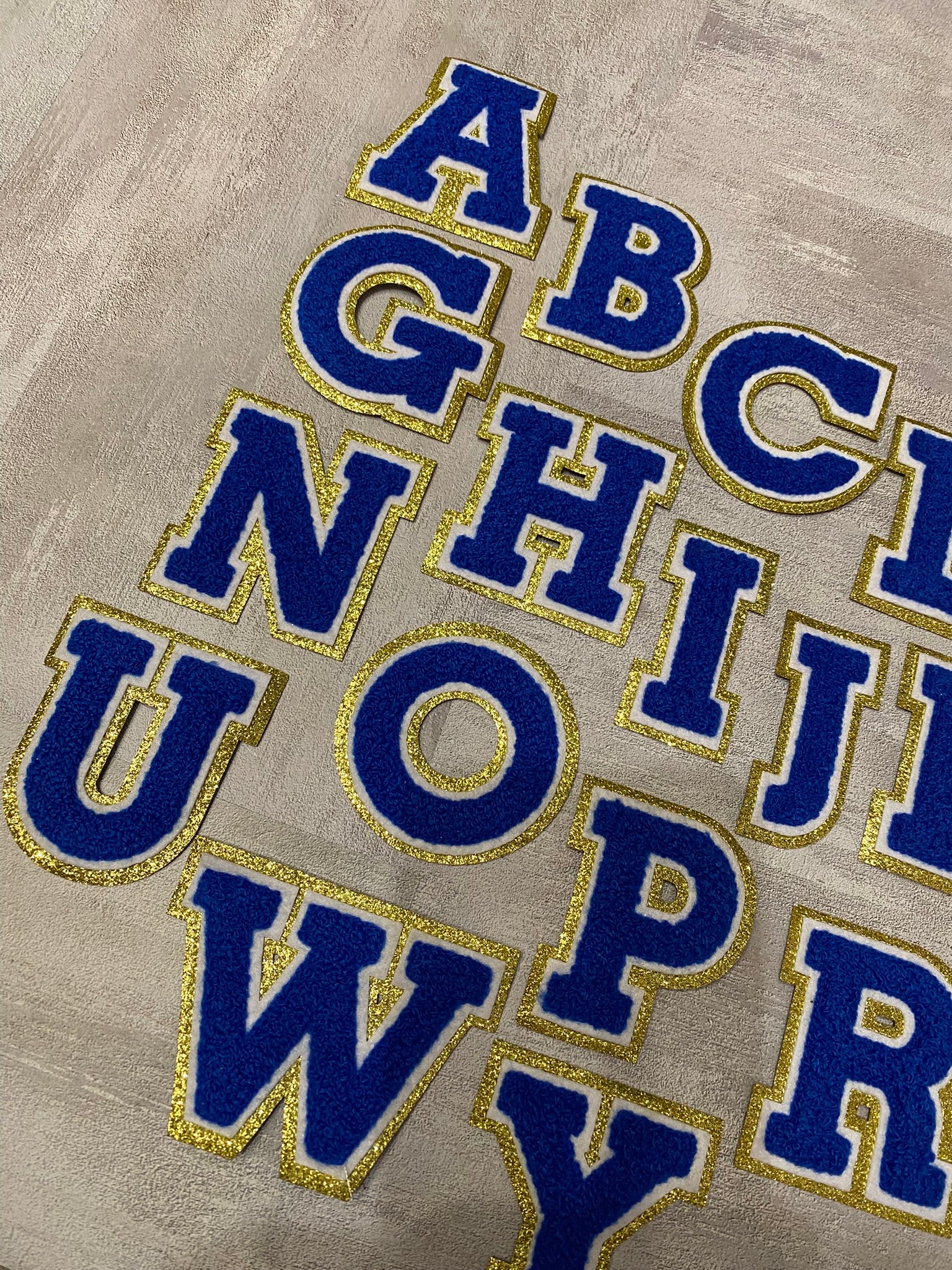 Patch Party Club, (1-pc) Blue & White w/ GOLD Glitter Chenille iron-on letters, Size 2.75” OVERSTOCK not all letters available, 10 pcs minimum purchase, For Hats, DIY Crafts, Jackets, Junk Socks, and More