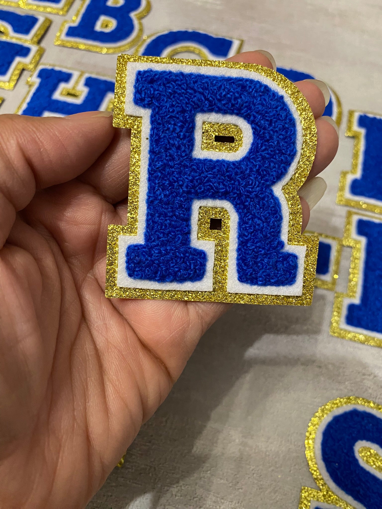 Patch Party Club, (1-pc) Blue & White w/ GOLD Glitter Chenille iron-on letters, Size 2.75” OVERSTOCK not all letters available, 10 pcs minimum purchase, For Hats, DIY Crafts, Jackets, Junk Socks, and More