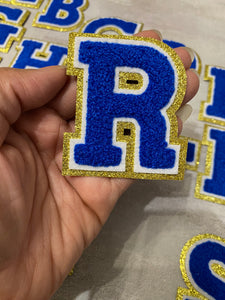 Patch Party Club, (1-pc) Blue & White w/ GOLD Glitter Chenille iron-on letters, Size 2.75” OVERSTOCK not all letters available, 10 pcs minimum purchase, For Hats, DIY Crafts, Jackets, Junk Socks, and More