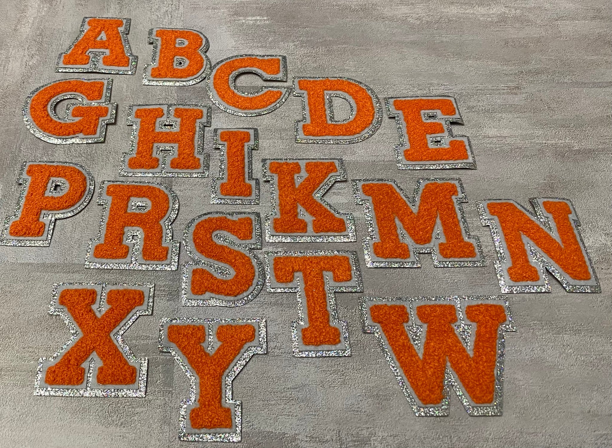 Patch Party Club, (1-pc) Orange & Gray w/ AB SILVER Glitter Chenille iron-on letters, Size 2.75” OVERSTOCK not all letters available, 10 pcs minimum purchase, For Hats, DIY Crafts, Jackets, Junk Socks, and More (Copy) (Copy)