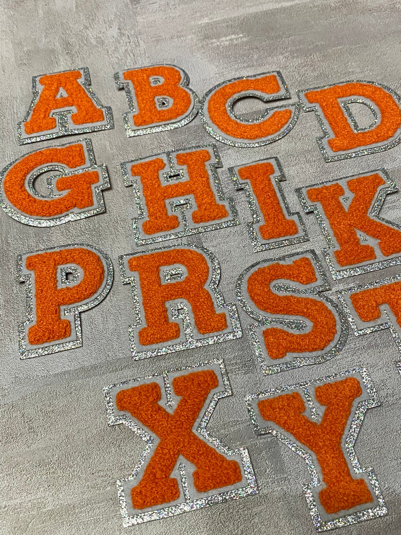 Patch Party Club, (1-pc) Orange & Gray w/ AB SILVER Glitter Chenille iron-on letters, Size 2.75” OVERSTOCK not all letters available, 10 pcs minimum purchase, For Hats, DIY Crafts, Jackets, Junk Socks, and More (Copy) (Copy)