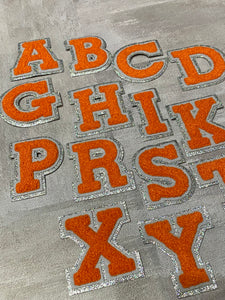 Patch Party Club, (1-pc) Orange & Gray w/ AB SILVER Glitter Chenille iron-on letters, Size 2.75” OVERSTOCK not all letters available, 10 pcs minimum purchase, For Hats, DIY Crafts, Jackets, Junk Socks, and More (Copy) (Copy)
