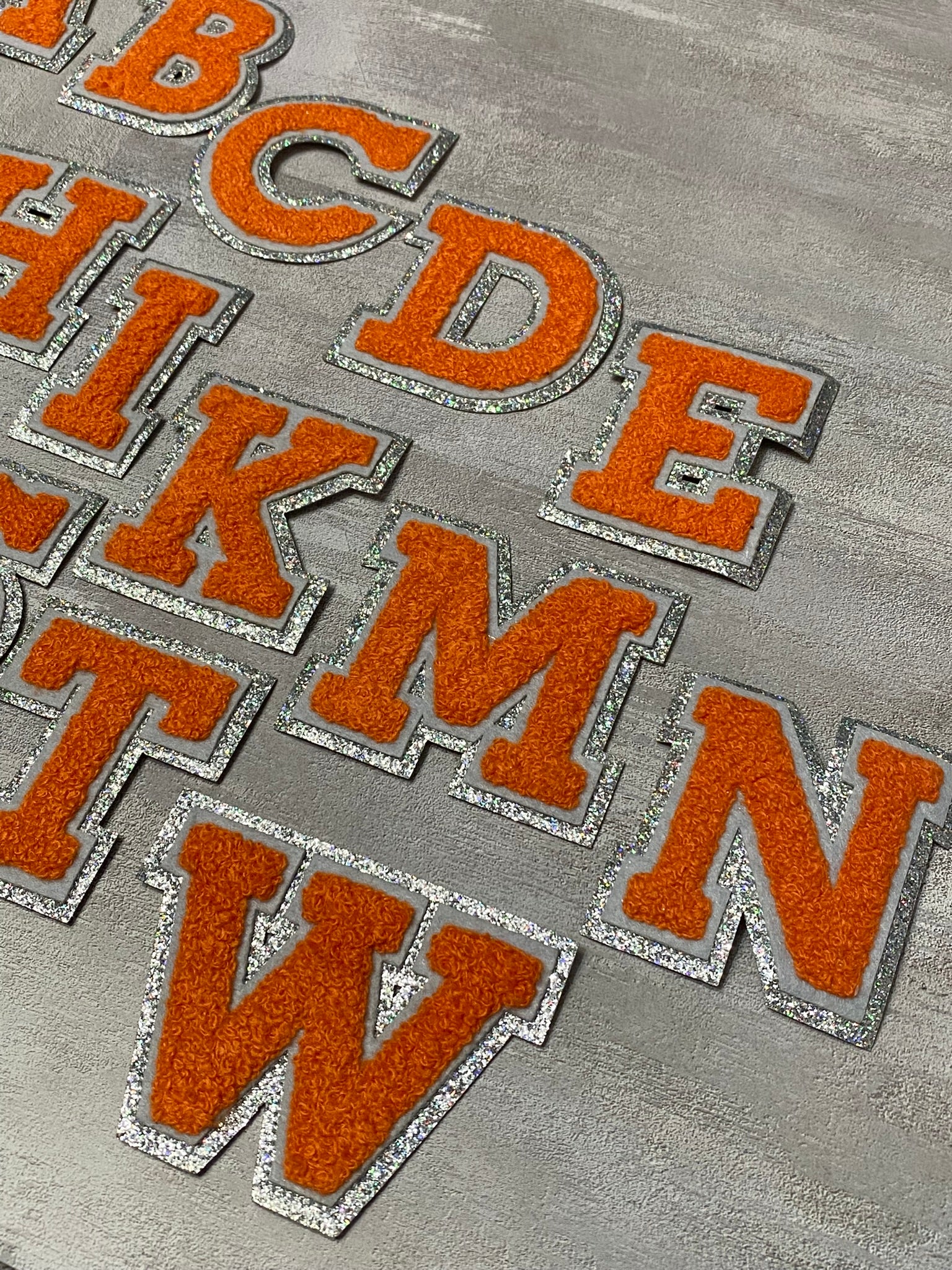 Patch Party Club, (1-pc) Orange & Gray w/ AB SILVER Glitter Chenille iron-on letters, Size 2.75” OVERSTOCK not all letters available, 10 pcs minimum purchase, For Hats, DIY Crafts, Jackets, Junk Socks, and More (Copy) (Copy)