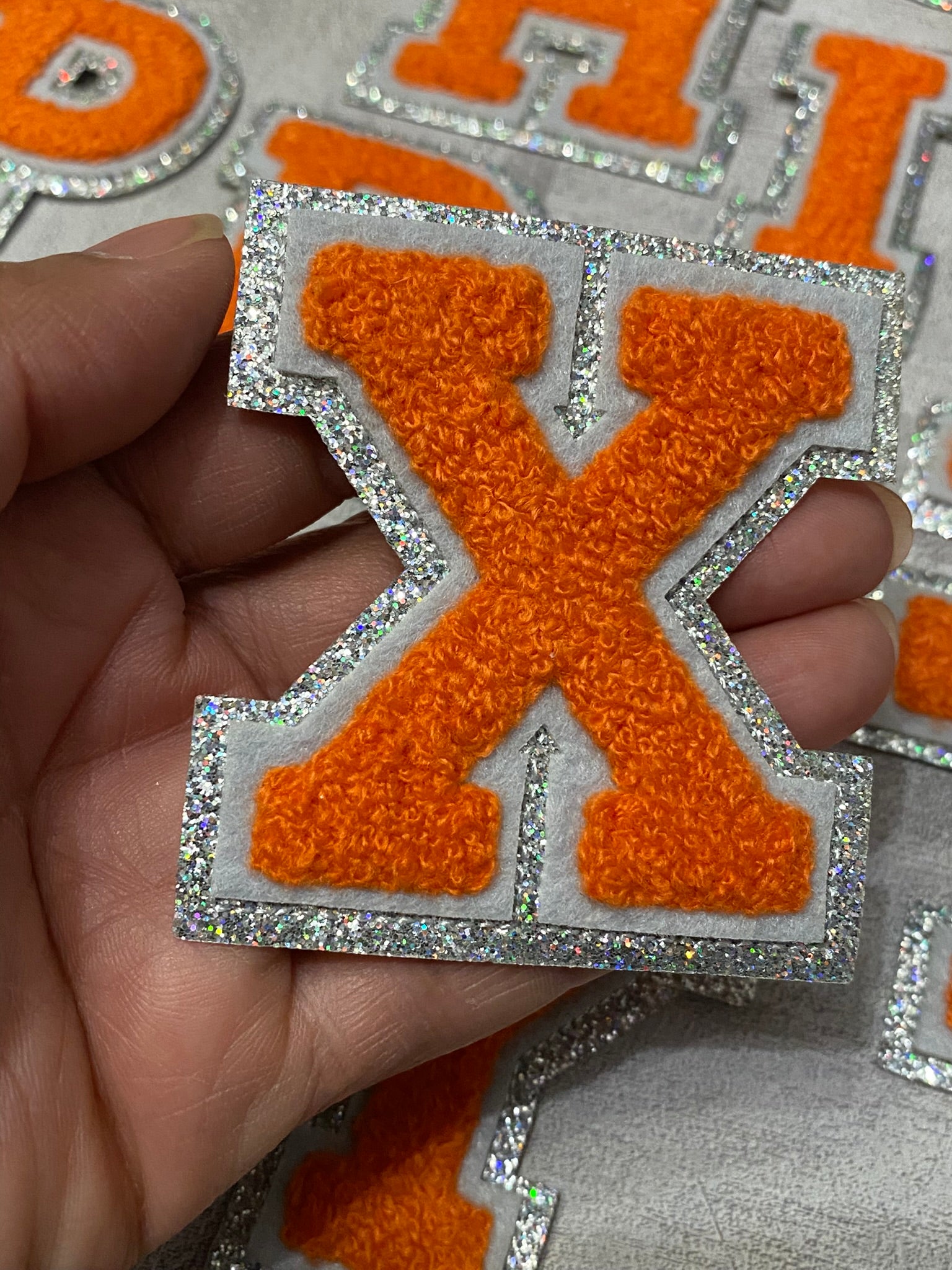 Patch Party Club, (1-pc) Orange & Gray w/ AB SILVER Glitter Chenille iron-on letters, Size 2.75” OVERSTOCK not all letters available, 10 pcs minimum purchase, For Hats, DIY Crafts, Jackets, Junk Socks, and More (Copy) (Copy)