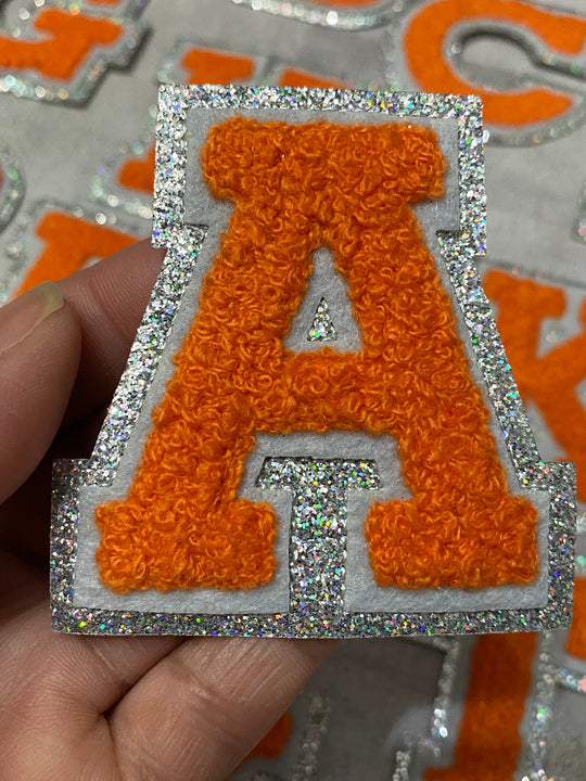 Patch Party Club, (1-pc) Orange & Gray w/ AB SILVER Glitter Chenille iron-on letters, Size 2.75” OVERSTOCK not all letters available, 10 pcs minimum purchase, For Hats, DIY Crafts, Jackets, Junk Socks, and More (Copy) (Copy)