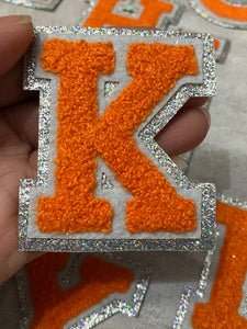 Patch Party Club, (1-pc) Orange & Gray w/ AB SILVER Glitter Chenille iron-on letters, Size 2.75” OVERSTOCK not all letters available, 10 pcs minimum purchase, For Hats, DIY Crafts, Jackets, Junk Socks, and More (Copy) (Copy)