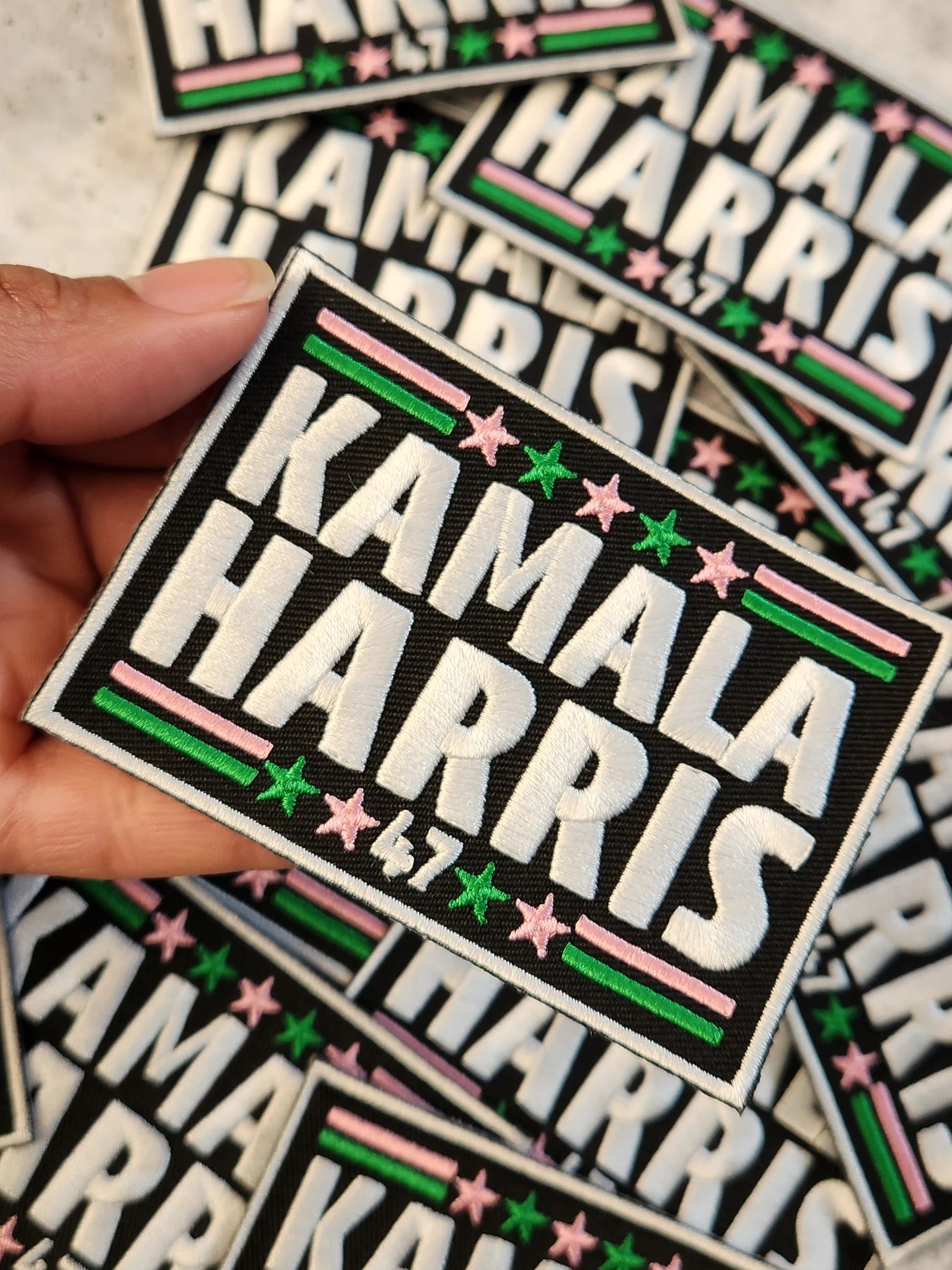 (1-pc) Kamala Harris "47" PINK & GREEN, Embroidered Iron-on Patch