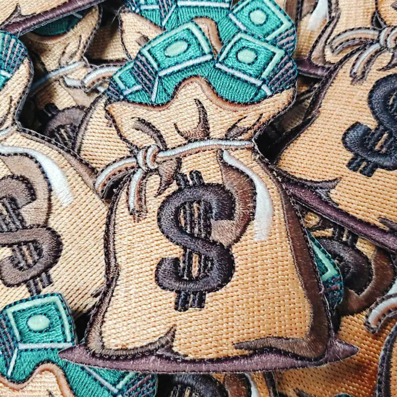 New Arrival, SMALL: "Bag of Money" Check a Bag Patch, Size 3.5", Iron-on 100% Embroidered Patch; Entrepreneur Gift; Fun Jacket Patch, DIY