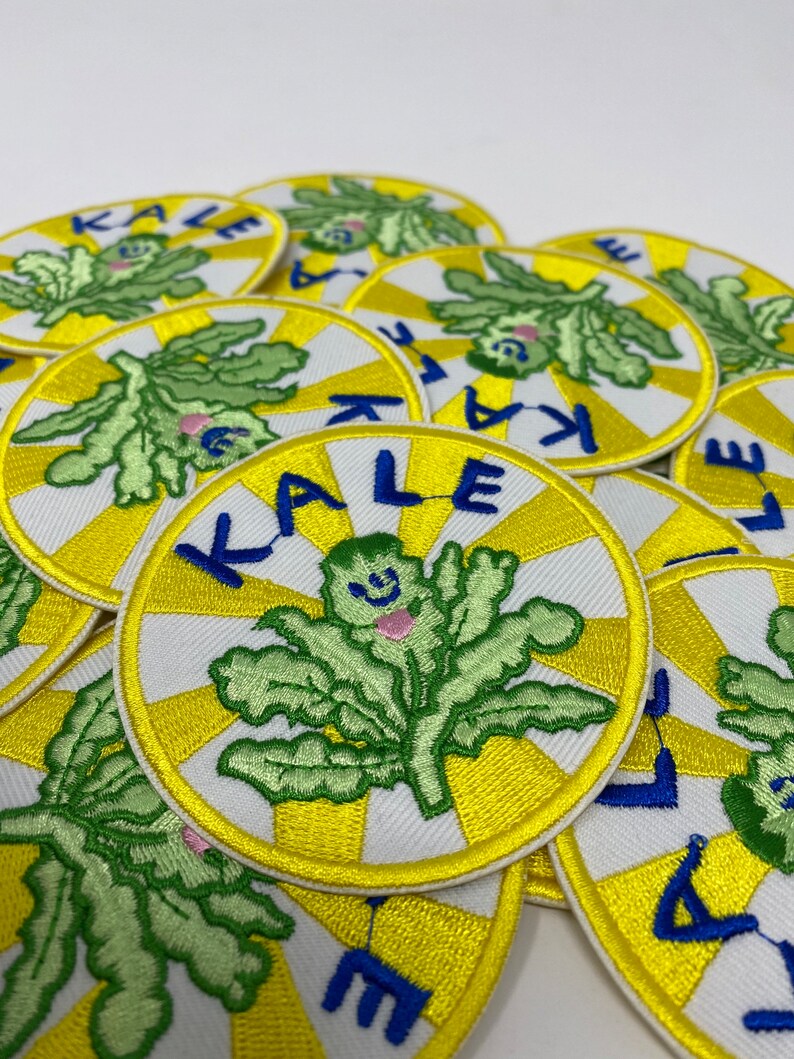 Cute, “Kale” Greens Iron-on Patch, Size 3”Circular, Bright, Embroidered Patch for Clothing, Accessories, & Blue Jeans