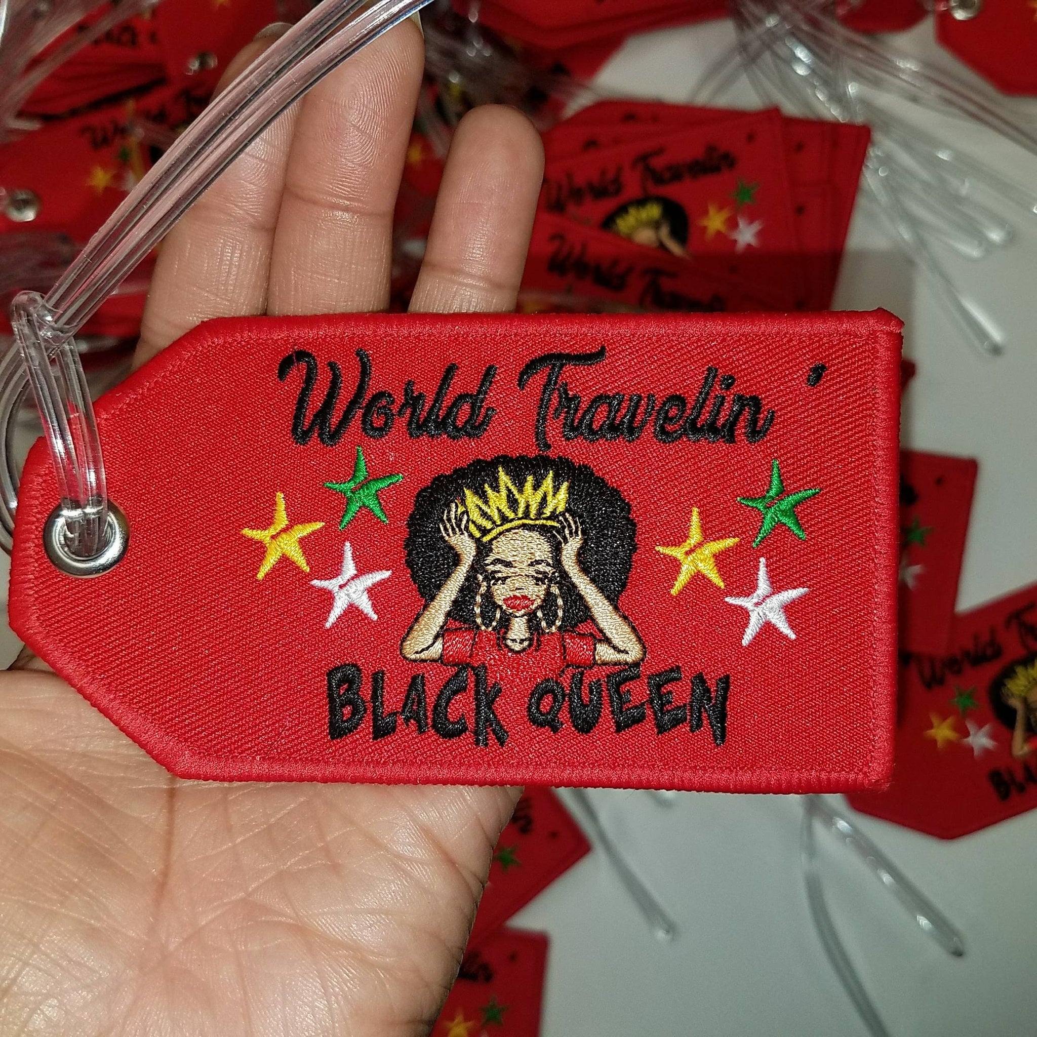 Red Luggage Tag, "World Travelin Black Queen", Bag Tags for Girls Trip, Travel Gifts for Woman, Group Bag Tags, Cute Luggage Tags for Travel