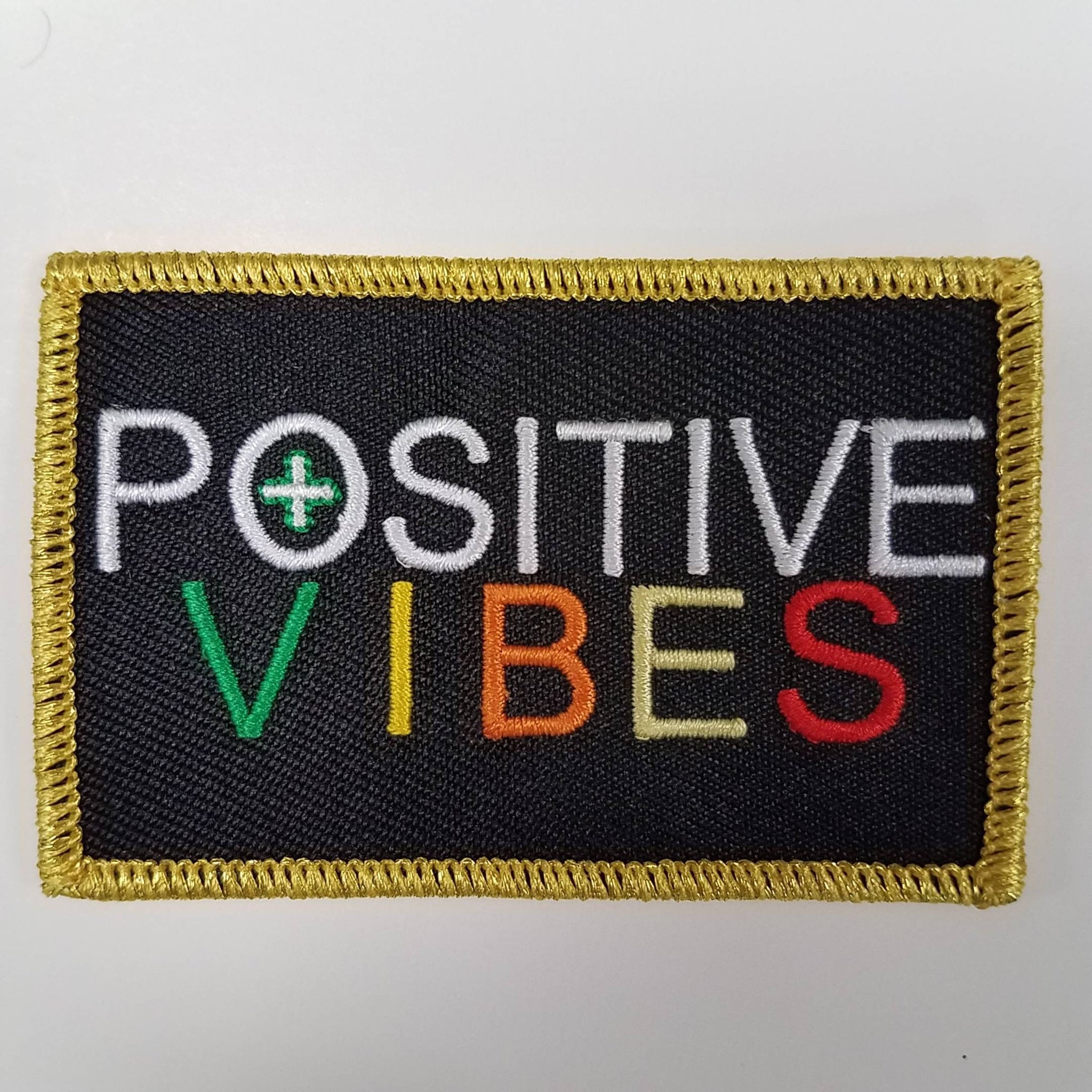 Motivational Emblem "Positive Vibes" Colorful Patch with Metallic Gold Thread, Iron-on Embroidered Patch; Size 3"x2"