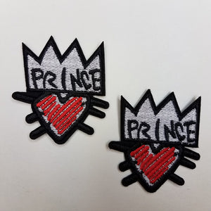 Crown with Heart 2-pc/set, 2"-x 1" inch, Red and Black PRINCE Emblems, DIY, Embroidered Applique Iron On Patch, Patches for Boys Jackets