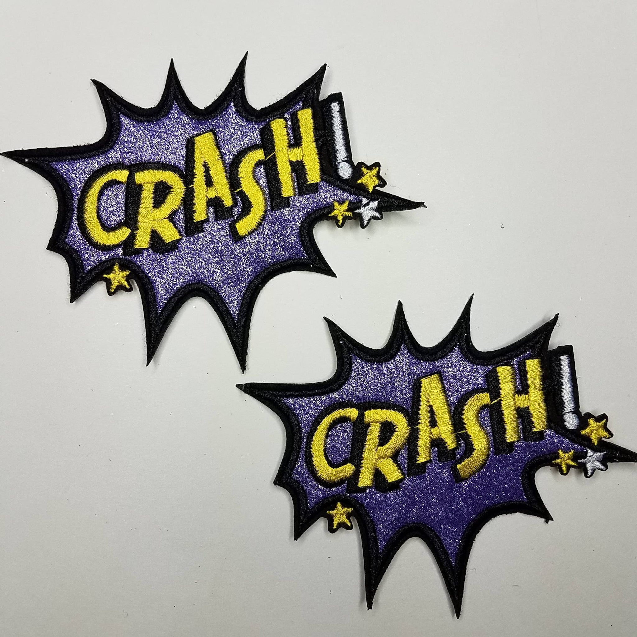 2-pc set, "Crash" Purple and Yellow Metallic Starburst Patch, 4"- inches,  Cool Appliques For Clothing, Medium Size Fun Embroidered Patches