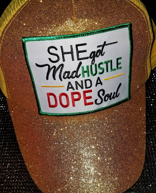 Cool, "She Got Mad Hustle..." Glitter Ponytail Hat, Messy Bun Hat, Women's Empowerment, Bling Hat, Bad Hair Day Hat, Gifts for Her