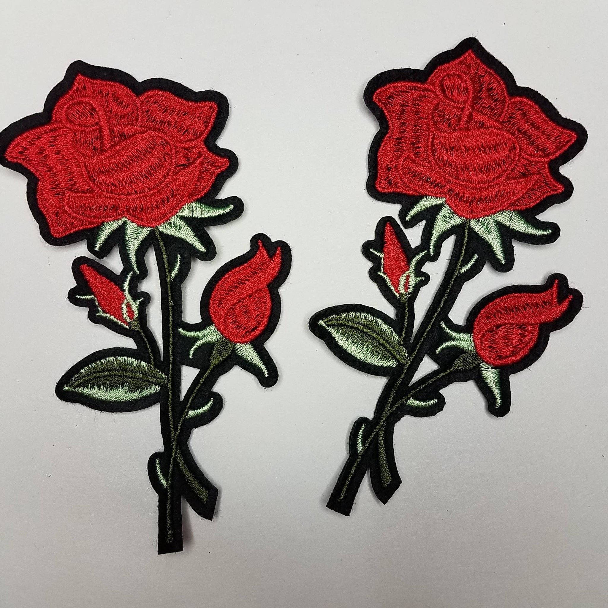 Adorable 2 pc set, Red Roses (size 4-inches), matching embroidered iron-on floral patches (2 pcs), Flower Patches, Rose Embroidered Patches