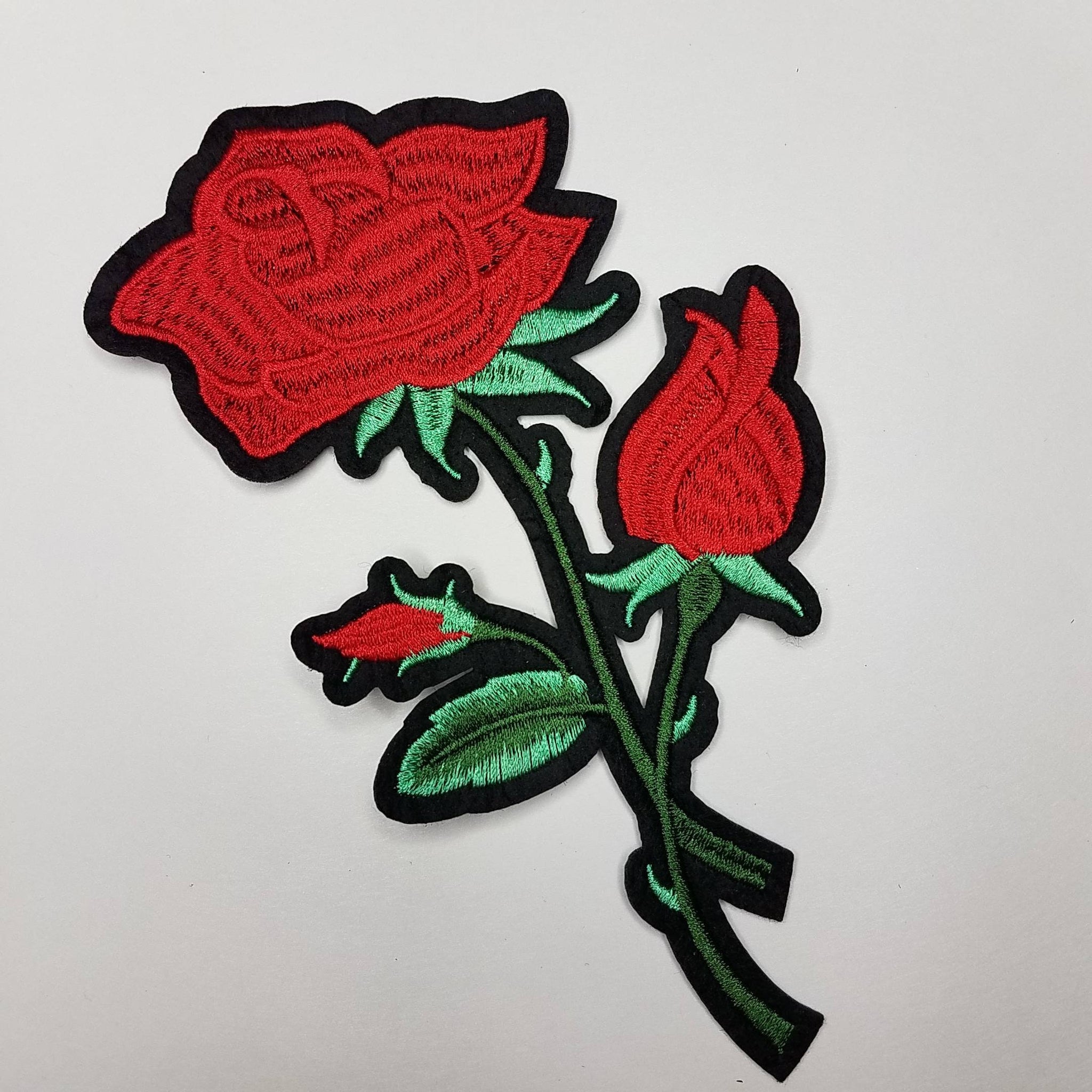 Floral 2 pc set, Red Roses (size 6-inches), matching embroidered iron-on floral patches, Flower Patches, Rose Embroidered Patches