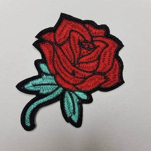 Floral 2 pc set, Red Rose Buds with teal stems  (size 3-inches), matching embroidered iron-on floral patches, Flower Patches, Rose Embroider