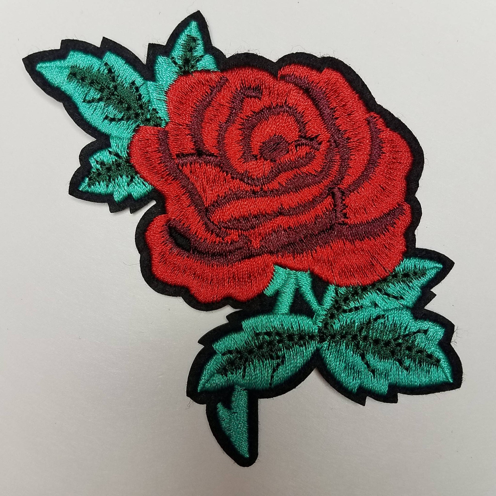 Rosettes, 2 pc Rosebud set, with teal stems  (size 3-inches), matching embroidered iron-on floral patches, Flower Patches, Rose Embroider