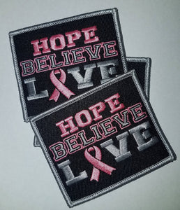Breast Cancer 3x3-inch Embroidered Patch "Hope, Believe, Love" Iron or Sew-on, Cancer  Patch/Applique, Pink, Metallic Silver, and Black