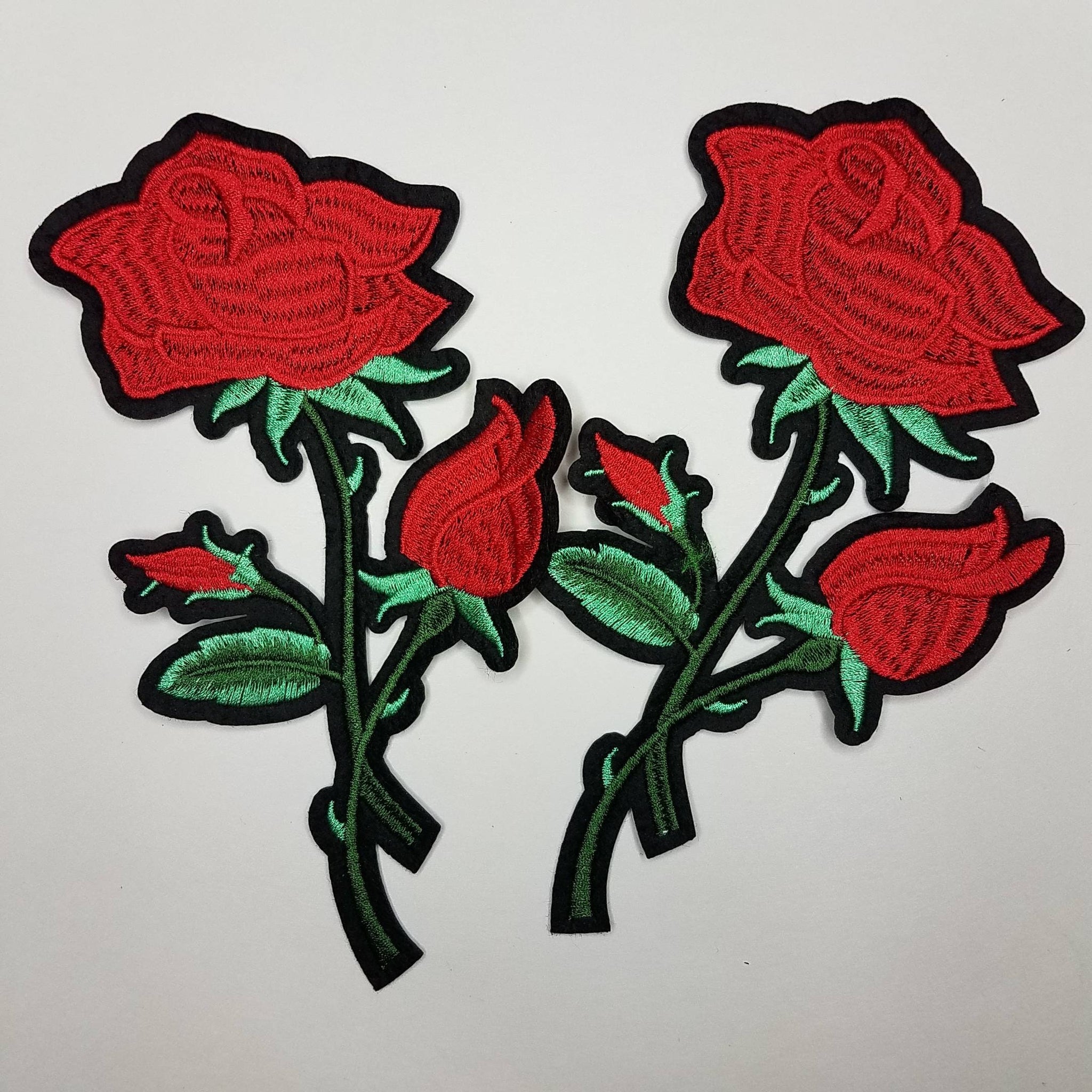 Floral 2 pc set, Red Roses (size 6-inches), matching embroidered iron-on floral patches, Flower Patches, Rose Embroidered Patches