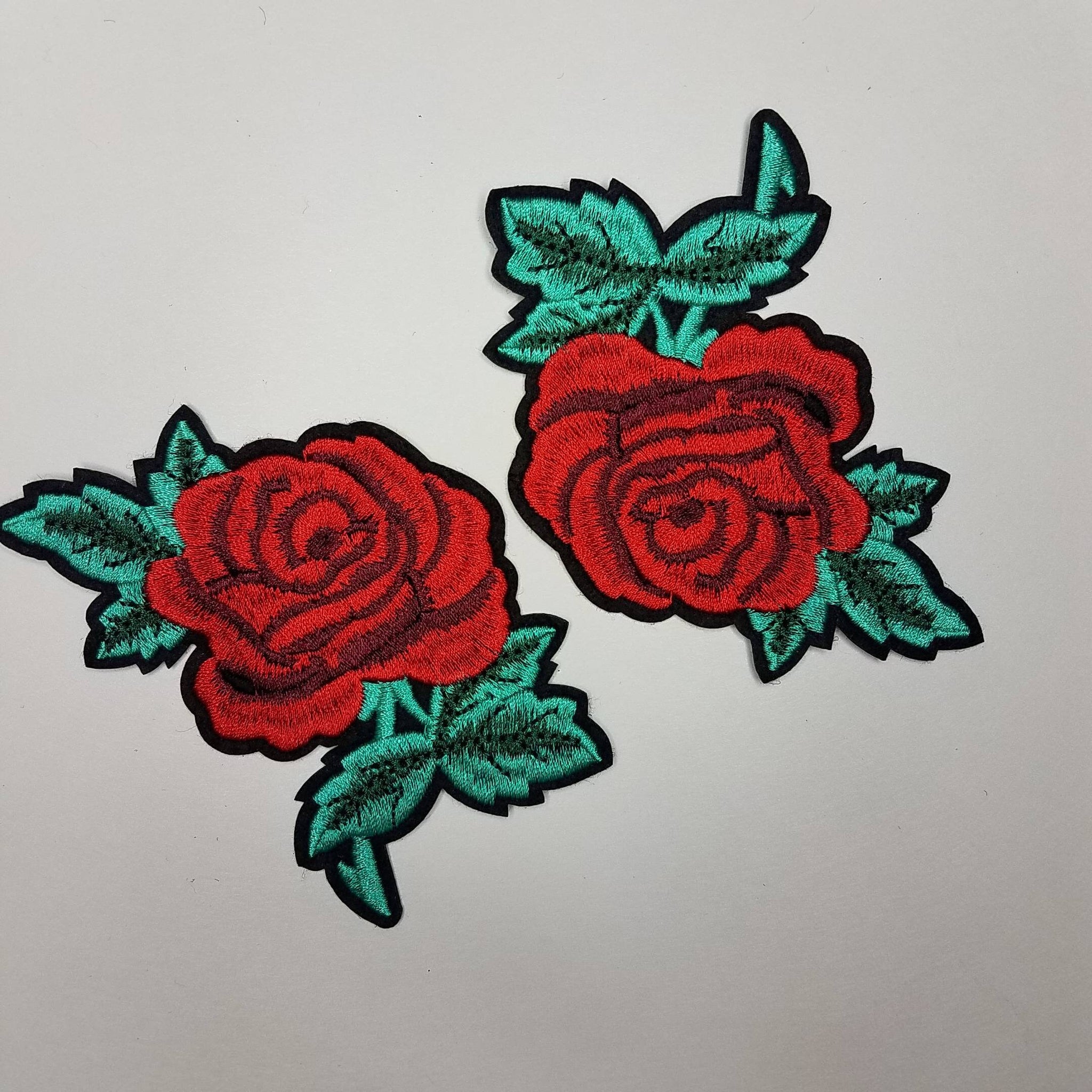Rosettes, 2 pc Rosebud set, with teal stems  (size 3-inches), matching embroidered iron-on floral patches, Flower Patches, Rose Embroider