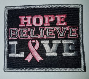 Breast Cancer 3x3-inch Embroidered Patch "Hope, Believe, Love" Iron or Sew-on, Cancer  Patch/Applique, Pink, Metallic Silver, and Black