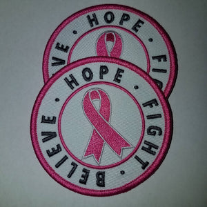Breast Cancer Ribbon Patch 3" Embroidered "Hope, Believe, Fight" (1 pc)  Iron or Sew-on, Cancer  Patch/Applique, Pink Grey, and White