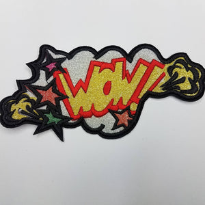 2-pc set, "Wow" Colorful Metallic Starburst Patch, 4"- inches, Cool Appliques For Clothing, Medium Size Fun Embroidered Patches