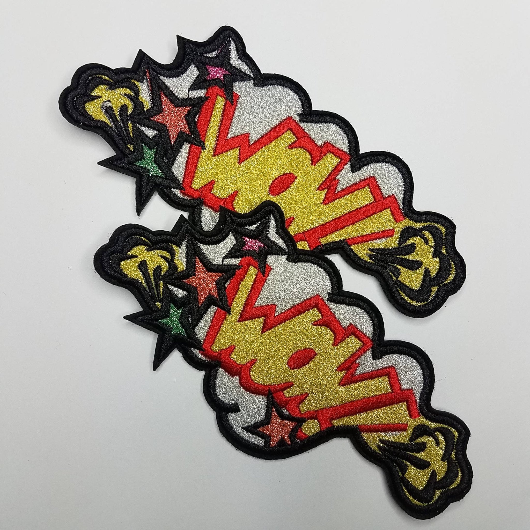 2-pc set, "Wow" Colorful Metallic Starburst Patch, 4"- inches, Cool Appliques For Clothing, Medium Size Fun Embroidered Patches