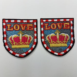 2-pc Set, "Love" Metallic Royalty Crest, Small Emblems, DIY, Embroidered Applique Iron On Patches, Size 2"