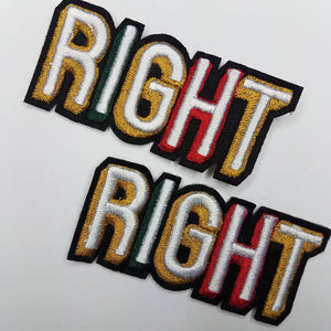 2-pc set, Vintage "RIGHT" Patch, Gold, Green, and Red Iron-On Embroidered Applique; Patch for Clothing, Size 3"x1"