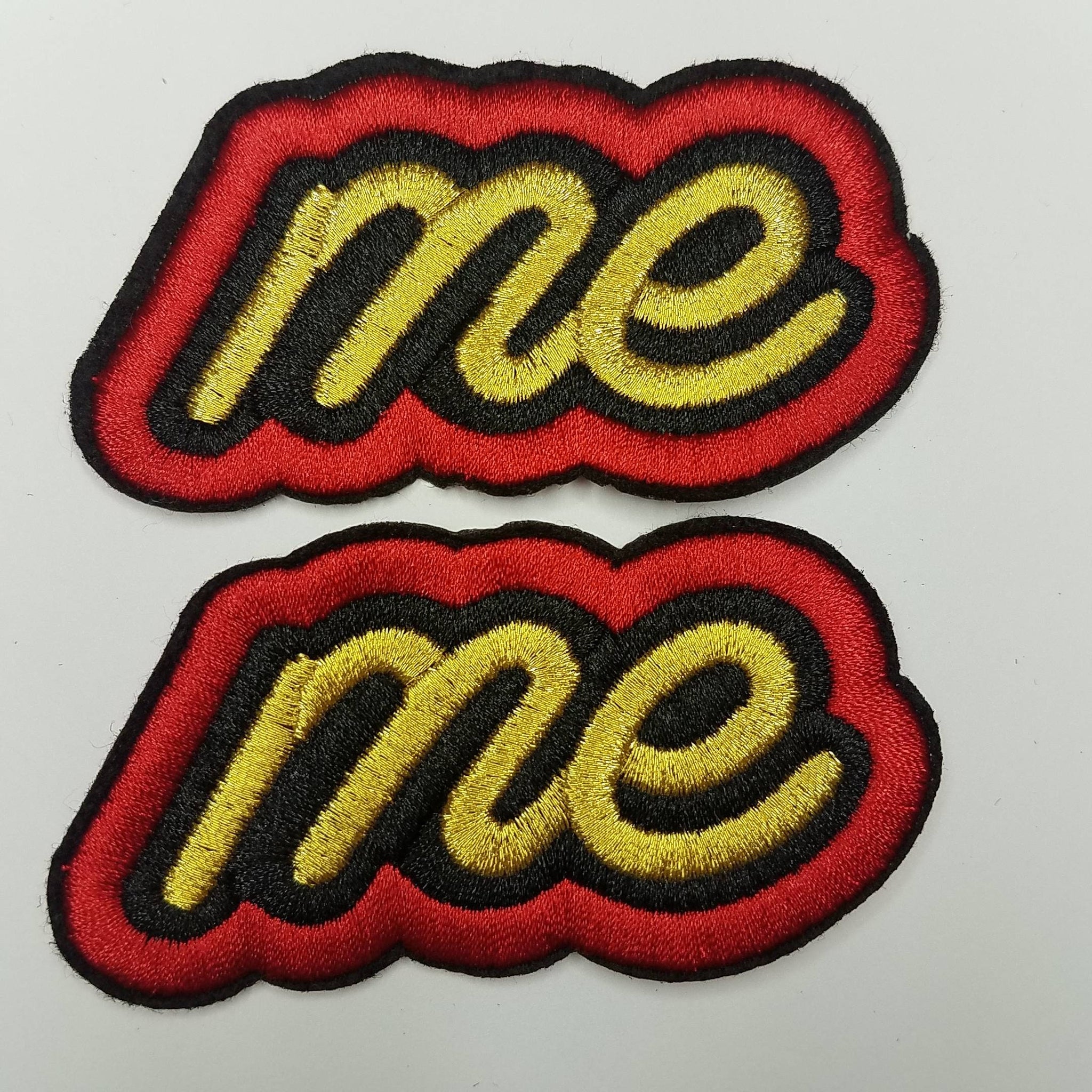 2-pc set, Metallic "Me" Patch, Gold, Black, and Red Iron-On Embroidered Applique; Patch for Clothing, Size 2"