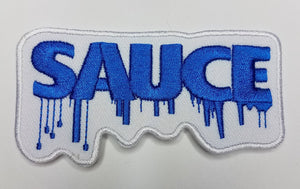 Drippin' "Sauce" 3-inch Patch, Iron or sew on, Embroidered Patch; Fun appliques, Blue and White Patch for Jackets, and Hats