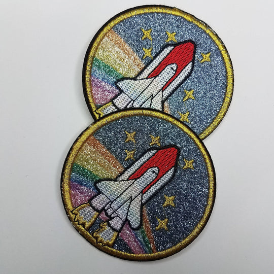 2-pc set, Shuttle w/Stars, Circle Patch 3x3 inch Cool Appliques For Clothing, Iron-on Embroidered Patch; Denim and Accessories Patch