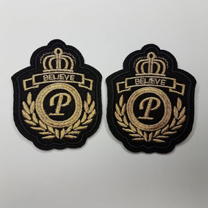 2-pc Set, "Believe" Royalty Crest, Gold Metallic and Black Emblem patch, DIY, Embroidered Applique Iron On Patch, Size 3.5"