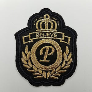 2-pc Set, "Believe" Royalty Crest, Gold Metallic and Black Emblem patch, DIY, Embroidered Applique Iron On Patch, Size 3.5"