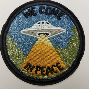 Vintage "We come in peace" spaceship, Metallic Emblem patch, DIY, Embroidered Applique Iron On Patch, Size 3.5"