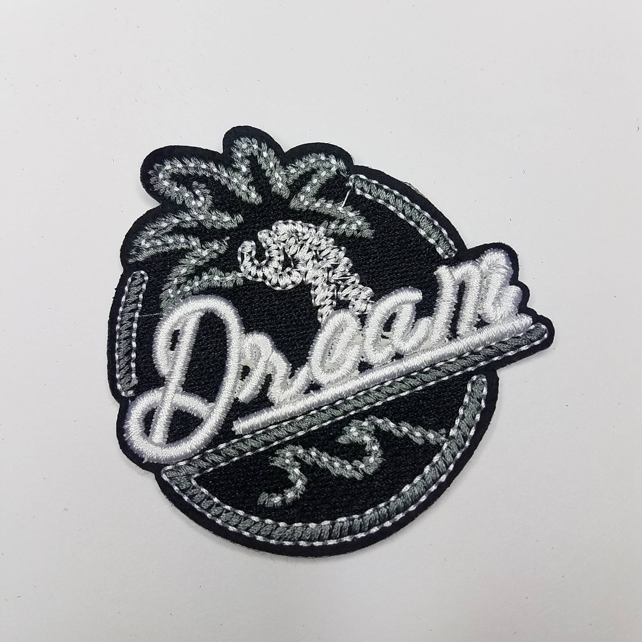 Black, Grey, & White "Palm Tree Dream" Iron on  Embroidered Patch, Statement Applique, Cool patch for clothing, 3-inch x 3-inch badge