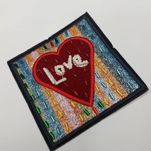 Beaded "Love Badge" 4"×4" Vintage Applique, Embroidered Patch, Statement Applique, exclusive patch for clothing, Colorful Patch