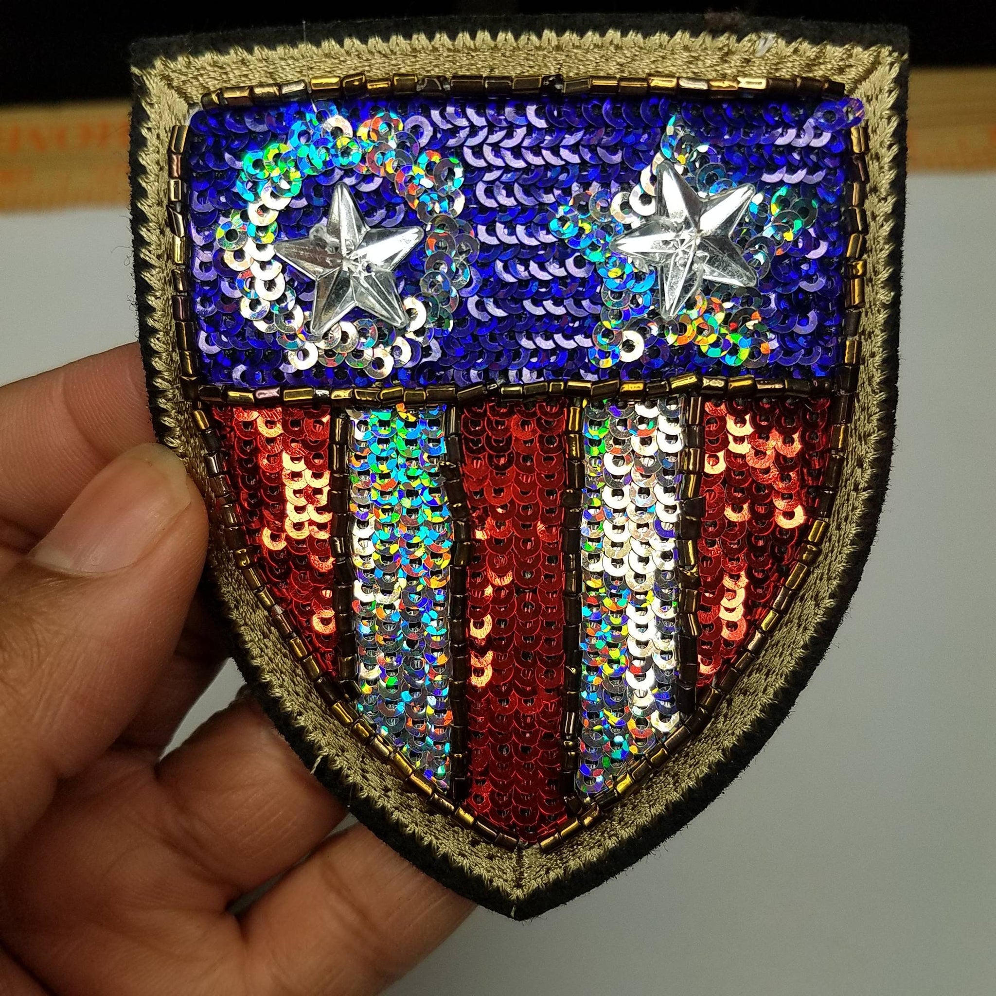 Premium Quality, Studded Royalty Crest, Red, White, Blue Sequins Emblem patch, DIY, Embroidered Applique Iron On Patch with Bling Size 3.5"