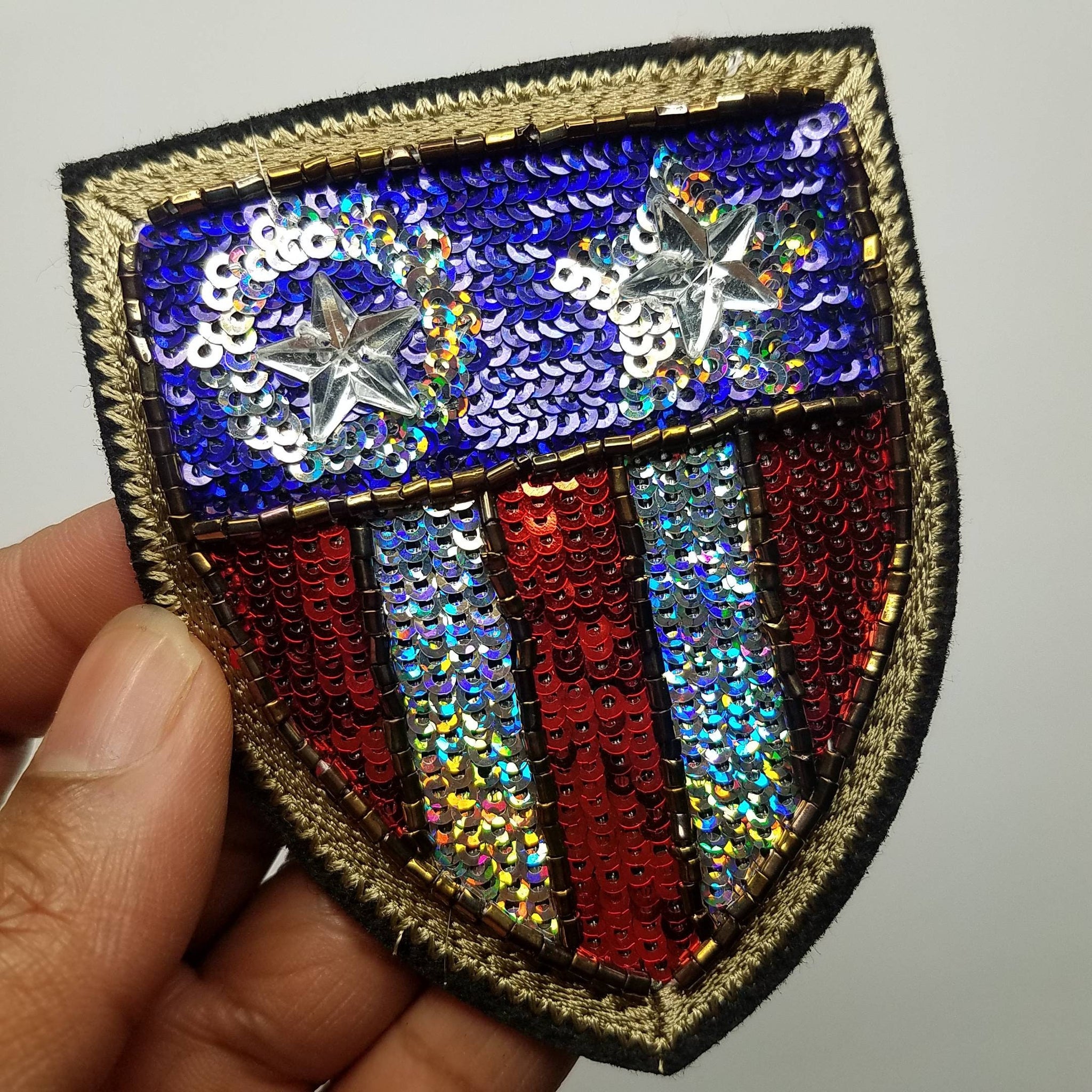 Premium Quality, Studded Royalty Crest, Red, White, Blue Sequins Emblem patch, DIY, Embroidered Applique Iron On Patch with Bling Size 3.5"