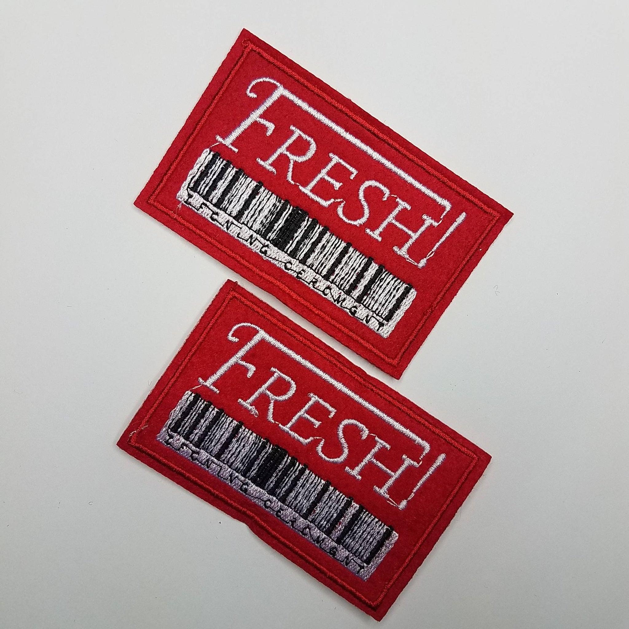 Red "Fresh" Patch with Barcode, Iron-On Embroidered Applique; Patch for Clothing, Size 4"x3"